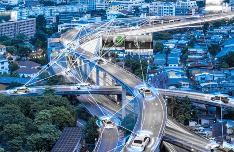 Smart city with digital overlays on highways, showing traffic and speed data, set in an urban area at twilight.